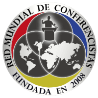 Logo of Red Mundial de Conferencistas with world map and podium silhouette.