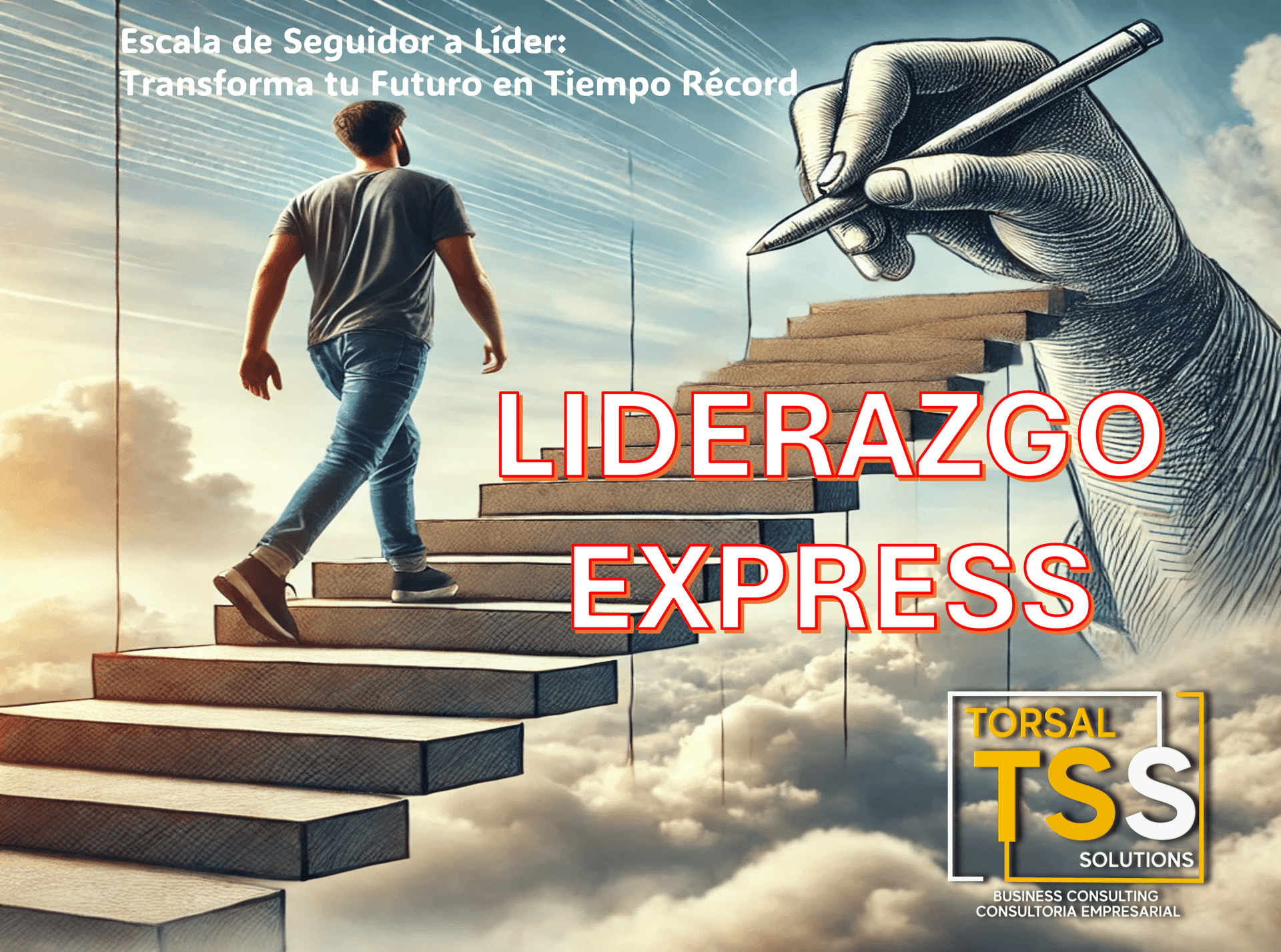 Person climbing pencil-drawn stairs from clouds, with text 'Liderazgo Express.'