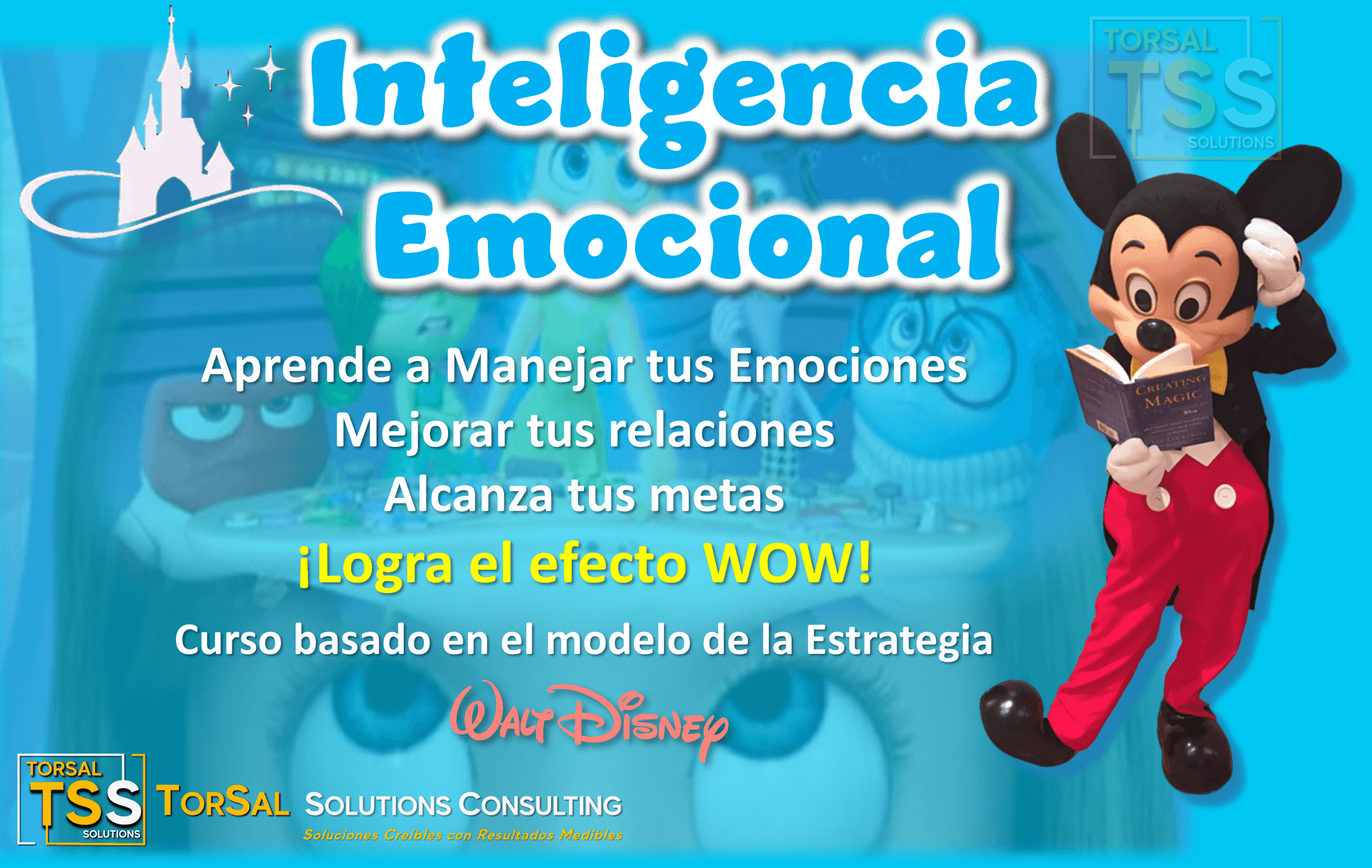 Promotional image for an emotional intelligence course with cartoon characters and Mickey Mouse reading a book.