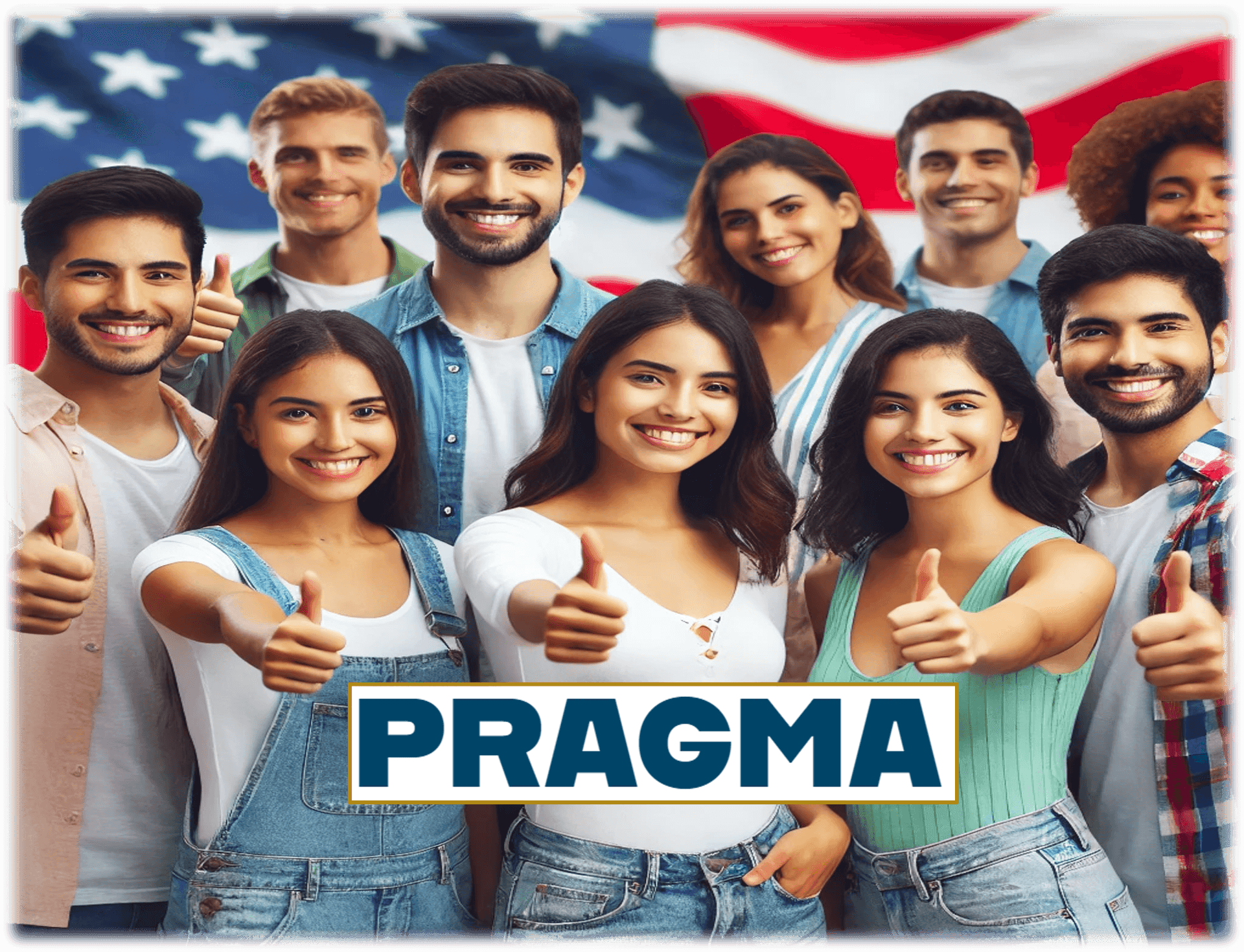 Group of diverse young people smiling and giving thumbs up with an American flag in the background.