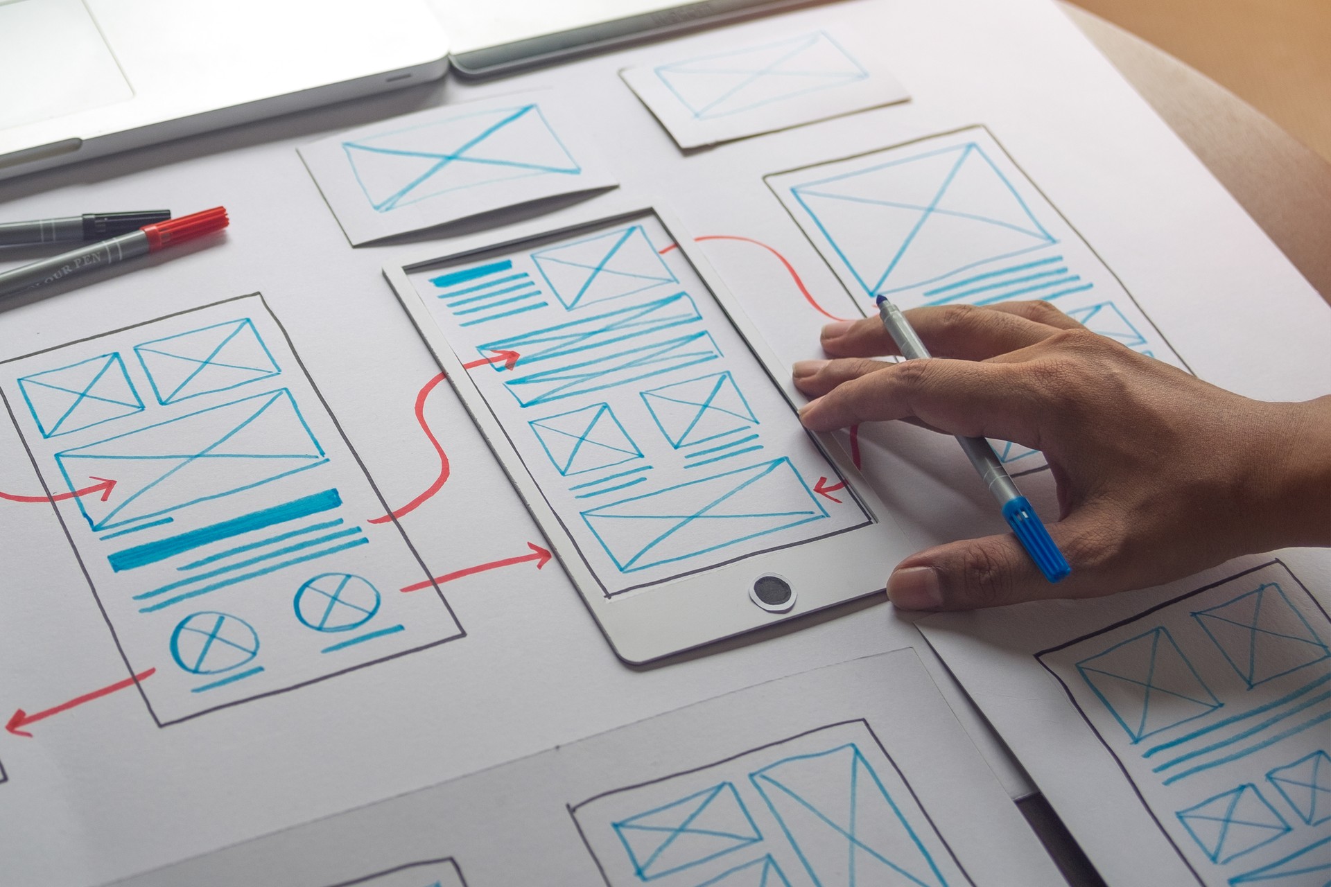 ux Graphic designer creative  sketch planning application process development prototype wireframe for web mobile phone . User experience concept.